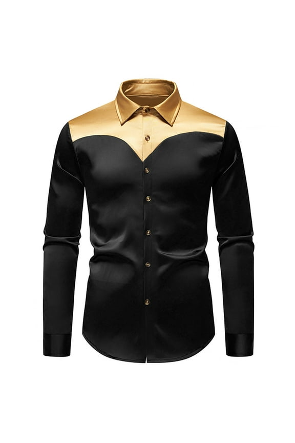 Color Block Loose Fit Tshirts for Mens Fall Summer Long Sleeve High Neck Faux Satin Wedding Guest Formal Date Night Evening Cocktail Basic Tops Shirt Man 2025