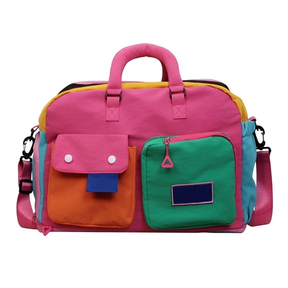 Color Block Multi Pocket Canvas Crossbody Bag, Large Capacity Colorful Shoulder Handbag with Detachable Strap, Casual Travel School Laptop Carry Tote Bag for Daily Outdoor Use,B