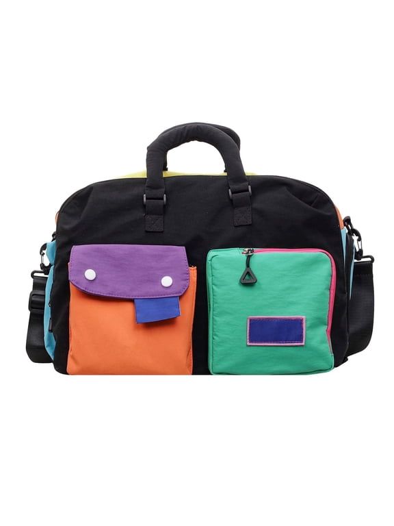 Color Block Multi Pocket Travel Tote Bag, Large Capacity Canvas Handbag with Detachable Shoulder Strap for Maternity Daily Travel Light Black