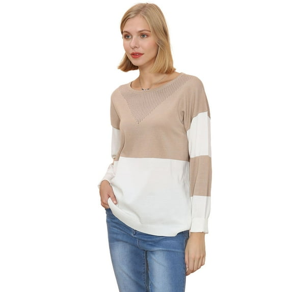 Color Block Net Detail Sweater Beige Medium