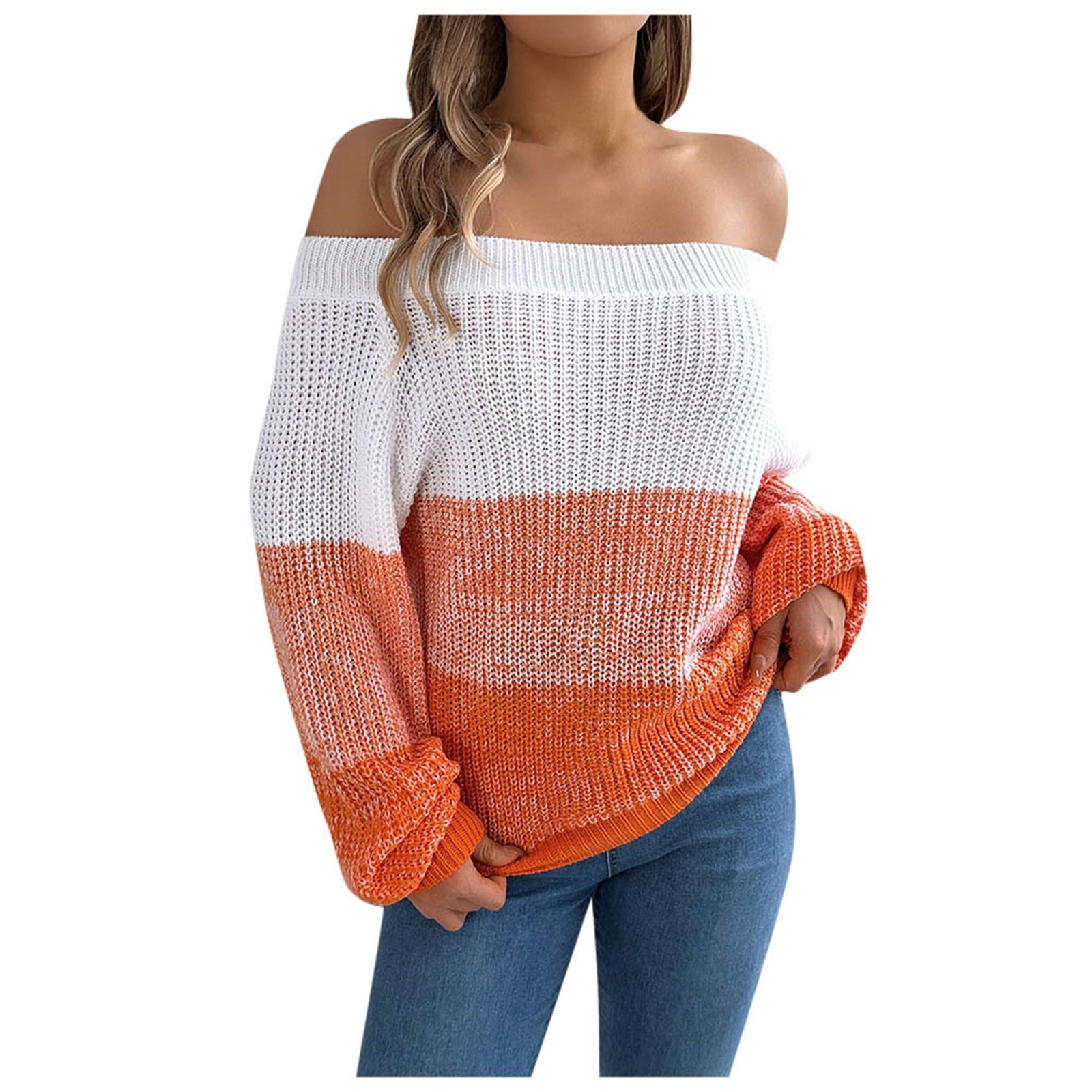 Fashion Color Block Off-the-shoulder Casual Sweater