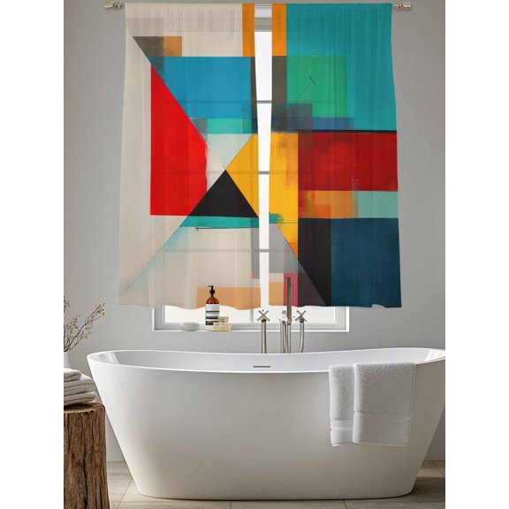 Color Block Overlay Colorful Chiffon Sheer Curtains 63 Inches Long Modern Minimalist Abstract Art Color Rod Pocket Window Curtains Voile Drapes Curtains for Living Room Bedroom,2 Panels