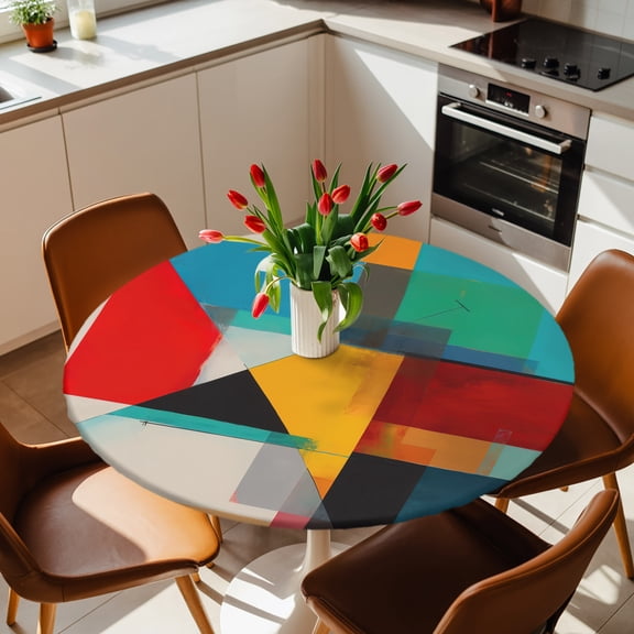 Color Block Overlay Colorful Round Fitted Tablecloth with Elastic Edge,Waterproof Table Cloth Fits 36"-44" Tables,Wipeable Table Cover for Indoor Outdoor Dinning,Modern Minimalist Abstract Art Color
