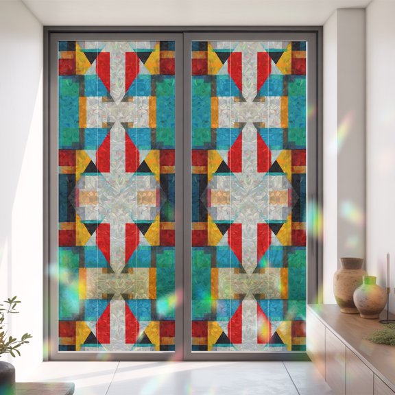 Color Block Overlay Colorful Window Privacy Film,Decorative Windows Static Cling Modern Minimalist Abstract Color Heat Control Removable Glass Sticker for Home Bathroom Bedroom Window Door,35x79in
