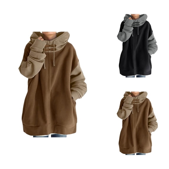 Color Block Oversized Hoodies for Women Fall Winter Long Sleeve Zip Up Hooded Sweatshirt with Pockets Jacket Coat