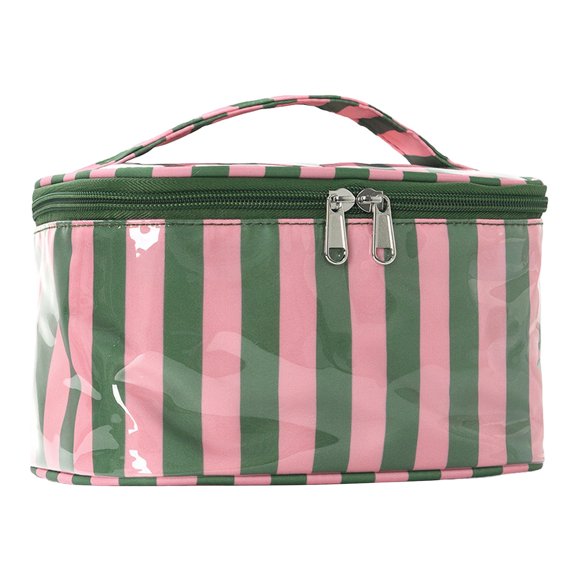 Color Block PVC Cosmetic Travel Bag, Waterproof Striped Toiletry Organizer with Dual Zippers & Handle, Large Capacity Makeup Storage Pouch for Vacation Gym Bathroom Daily Skincare (Retro Green)