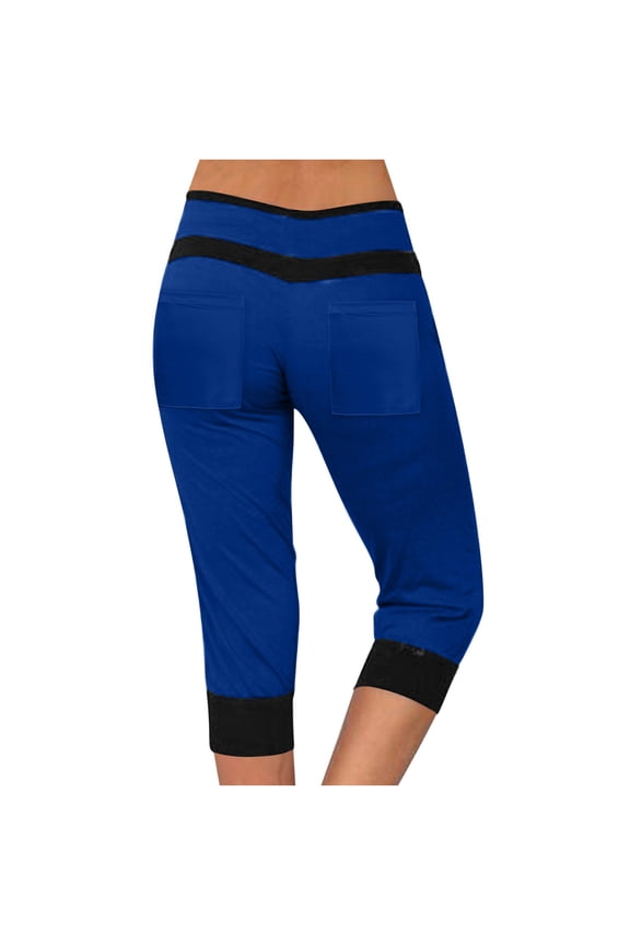 Color Block Pants for Women Casual Athletic Drawstring High Waist Capri Trousers with Pocket Loose Jogger Workout Sweatpants, Blue, XXXXL