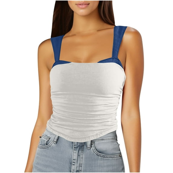 Color Block Patchwork Sling Camis Square Neck Tank Tops Y2K Sleeveless Crop Tops Sexy Slim Fit Tanks Going Out Blouses Off Shoulder Backless Ruched Tight Shirts
