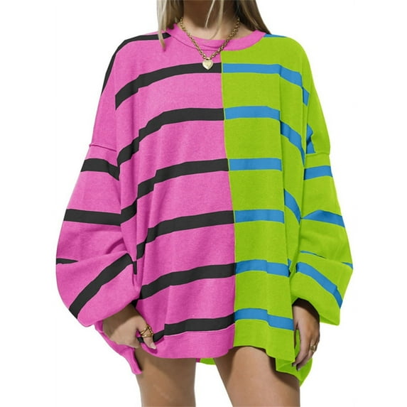 Color Block Patchwork Striped Print Women Oversize Loose Knit Sweater Pullover