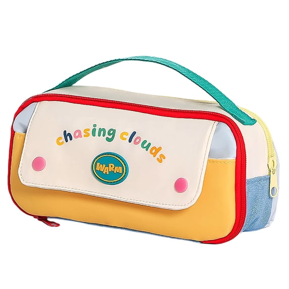 Color Block Pencil Case,Multi Layer Storage Organizer,Large Capacity Fabric Pen Pouch,Portable Carry Handle Double Zipper Design,Cosmetic Accessories Organizer,Daily Travel Storage Bag