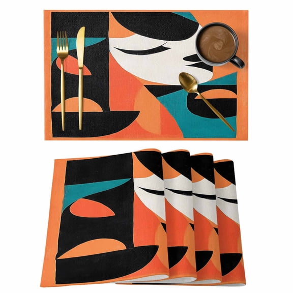 Color Block Placemats Set of 12 Orange Teal Black Contemporary Abstract Place Mats Indoor Wipeable Table Mats Washable Cloth Dining Table Placemats for Kitchen Holiday Party Home Decor 13x19 Inch