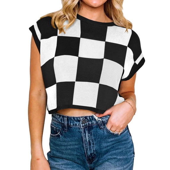 Color Block Plaid Print Cap Sleeve Women Casual Knit Sweater Vest Crop Tops