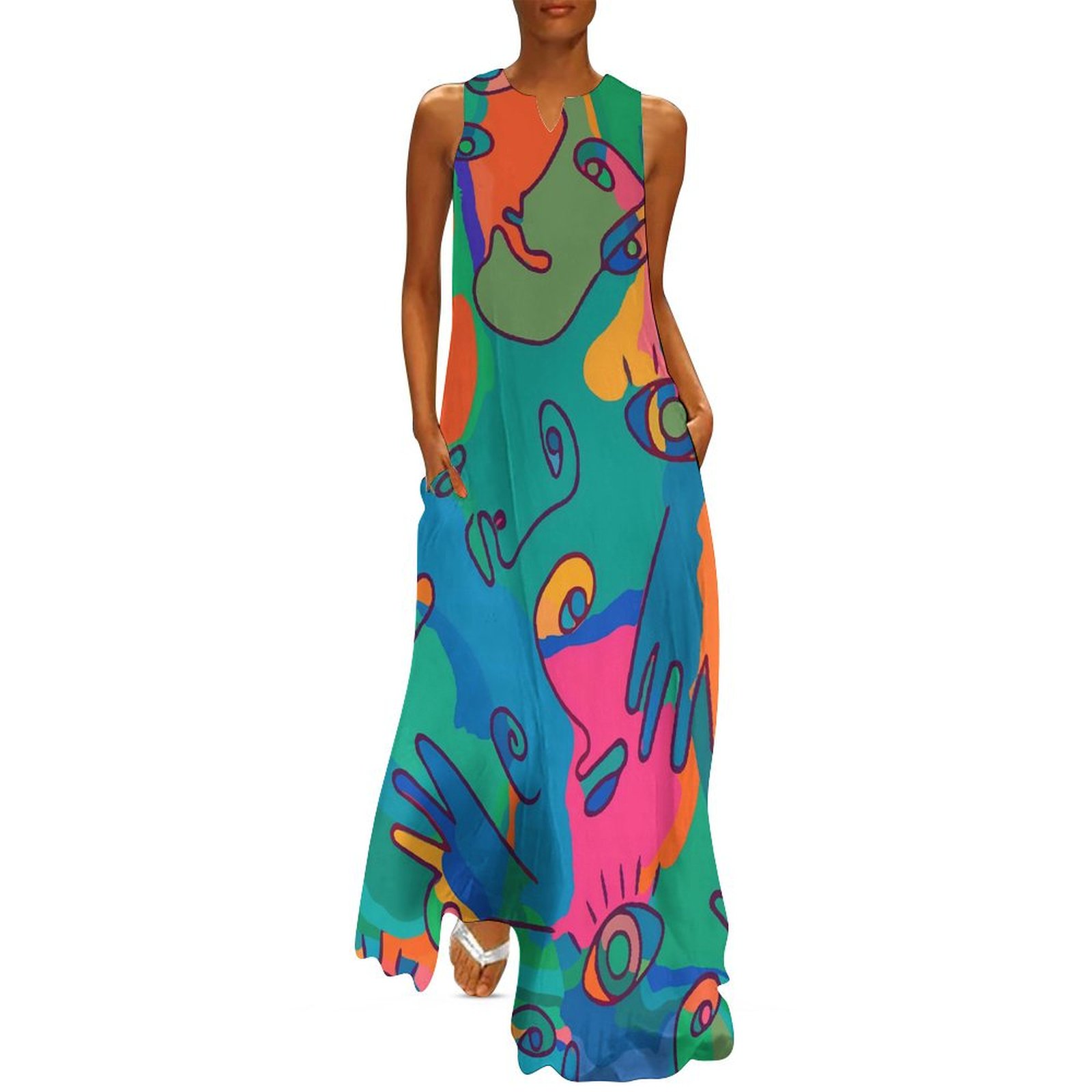 Color block print dress abstract art beach maxi dress street style