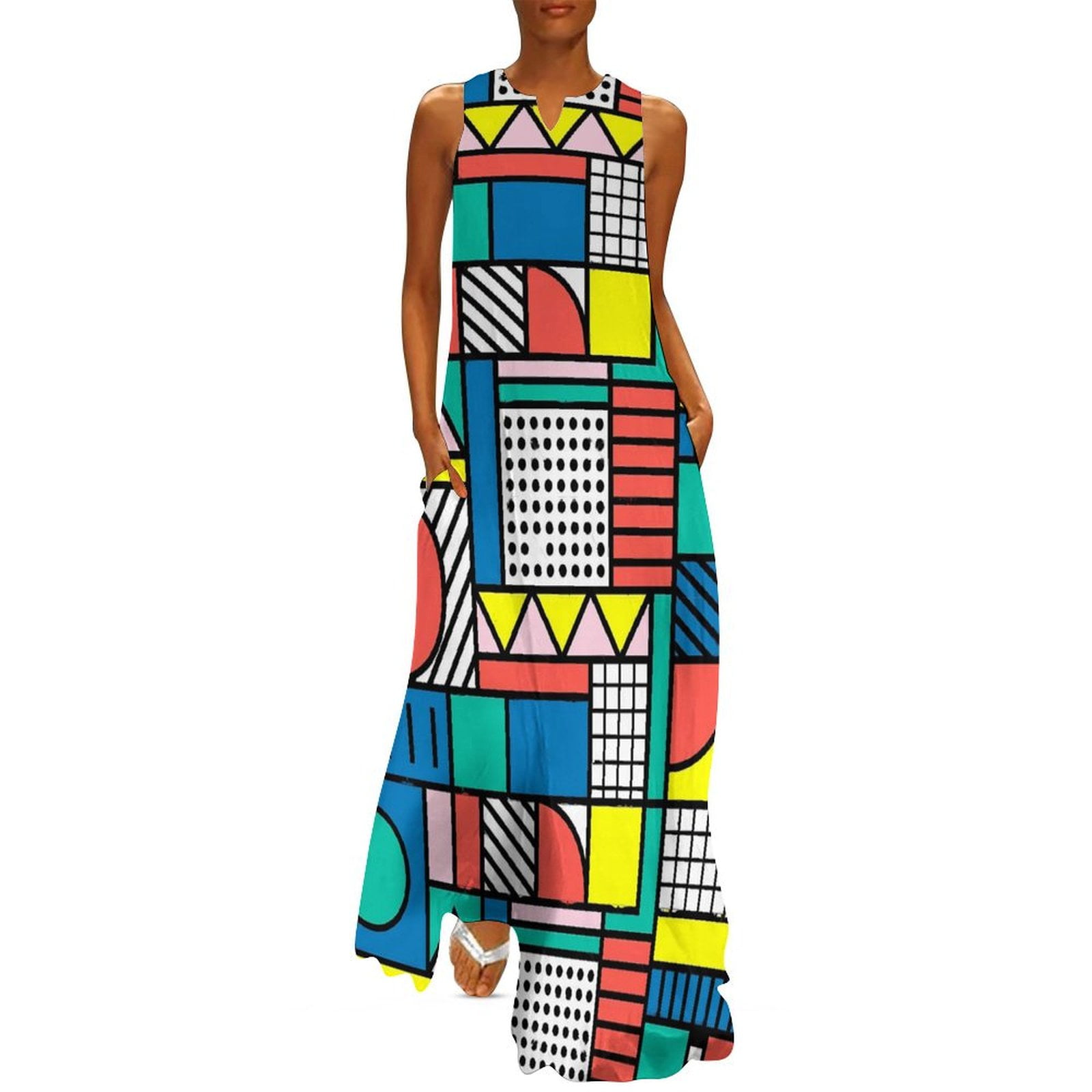 Color block print dress abstract shape sexy maxi dress v neck graphic