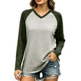 thumbnail image 1 of Color Block Raglan Sleeve V Neck Contrast Dark Green Sleeve Curved Hem Long Sleeve Casual Baseball Tee for Women Spring Fall Basic Layering Top, 1 of 7