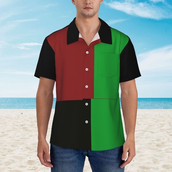 Color Block Red Green Black Split Button-Down Bowling Shirt - Retro Short Sleeve Casual Shirt with Chest Pocket for Men
