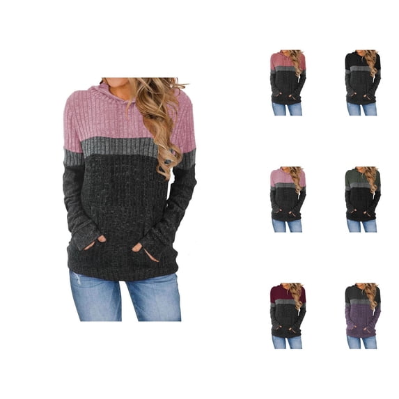 Color Block Ribbed Hoodies for Women Fall Winter Long Sleeve Hooded Sweatshirt with Pockets Pullover Tops