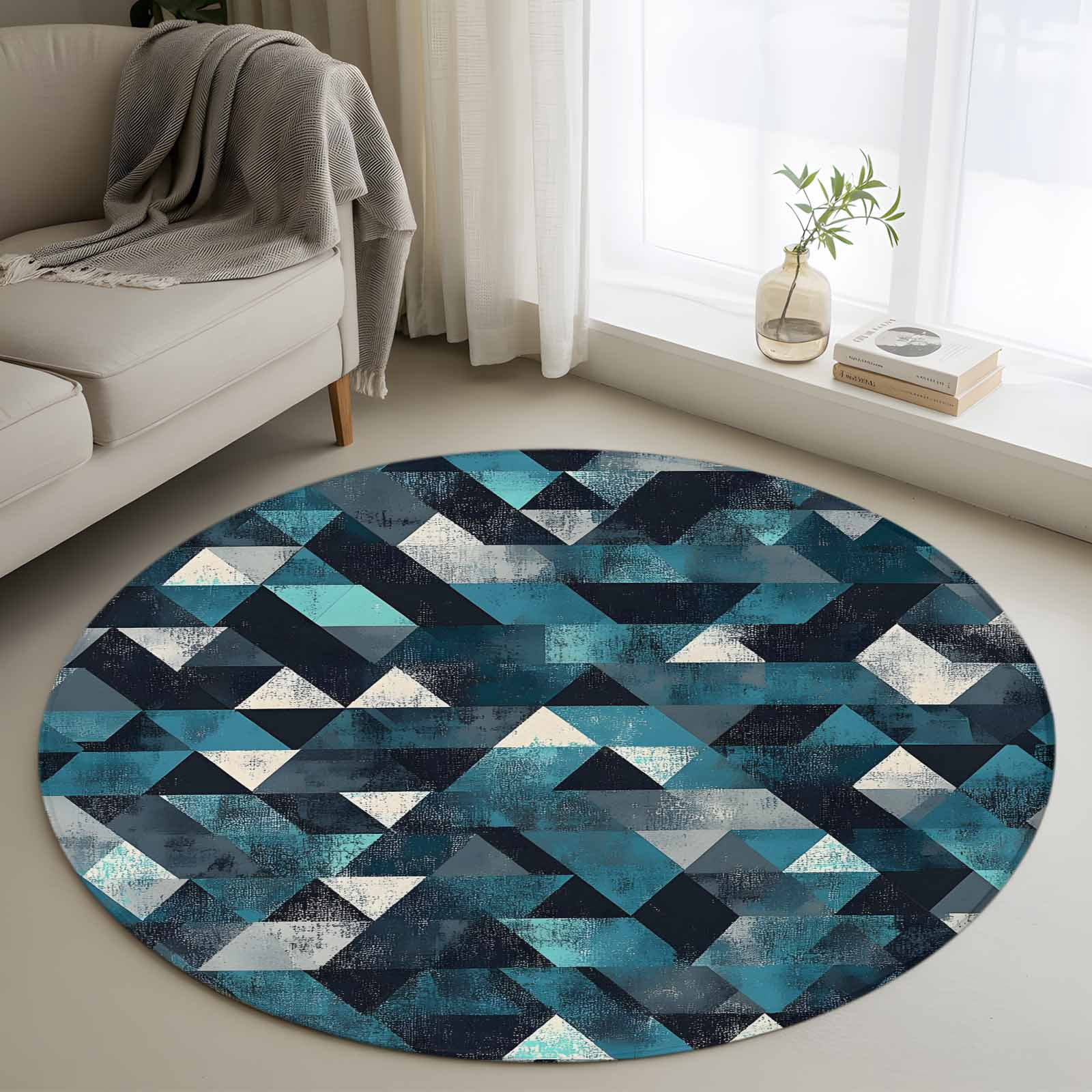 Low Profile Blue Rug Color Block Round Rugs for Living Room 3ft Blue White Check Abstract ...