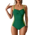 thumbnail image 1 of Color Block Ruched Swimsuits for Women Twist Front One Piece Swimwear Adjustable Athletic Bathing Suit Green, M, 1 of 4