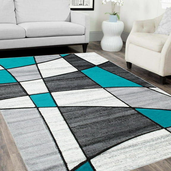 Color Block Rug/Linear/Geometric Modern Contemporary Hand Carved Area Rug-Silver/Turquoise/Gray/Black