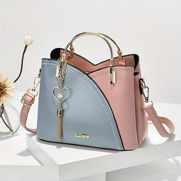 Color Block Satchel Bag Trendy Metal Tassel Decor Crossbody Bag Women s Top Ring Purse 9.1 7.5 4.5 Inch Walmart