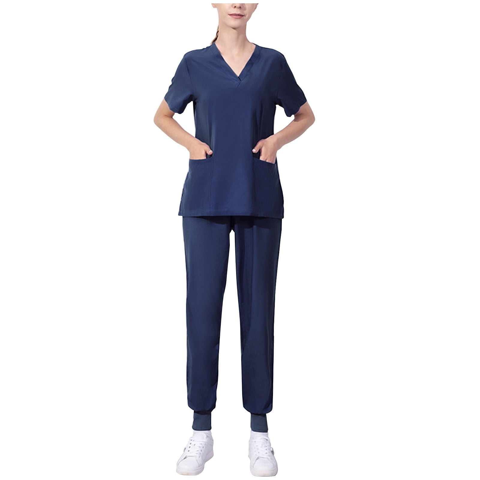 Color Block Scrubs Set for Women Nurse Uniform V-Neck Short Sleeve Top ...