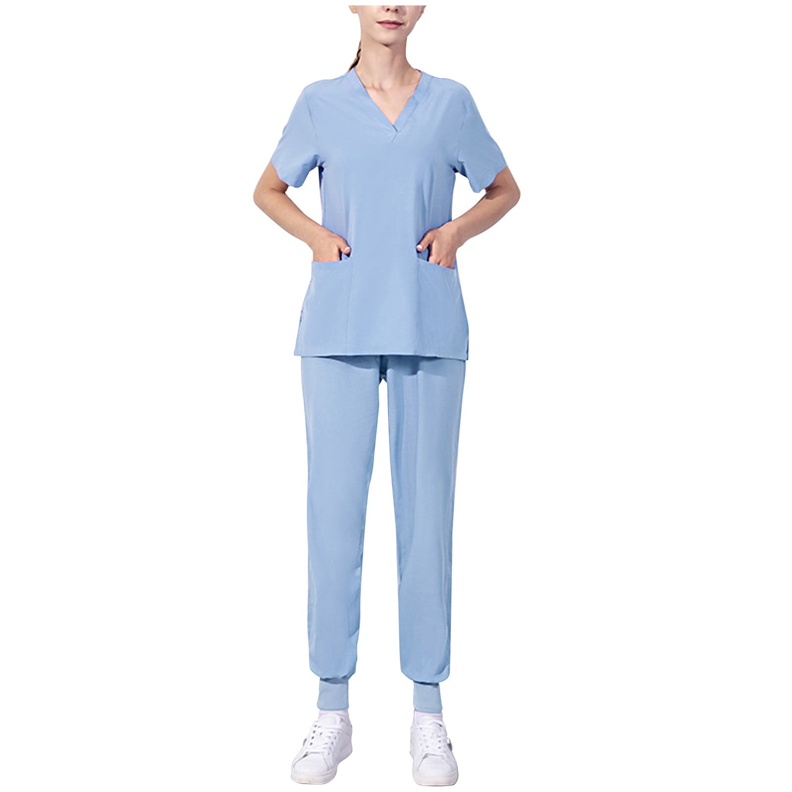 Color Block Scrubs Set for Women Nurse Uniform V-Neck Short Sleeve Top ...