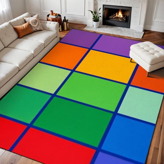 Color Block Seating Area Rug, Classroom Blue Symmetry Pattern Carpet, Washable Non Slip Low Pile Soft Thin, Classroom Playroom Nursery School Home Decor Mat 2x3ft