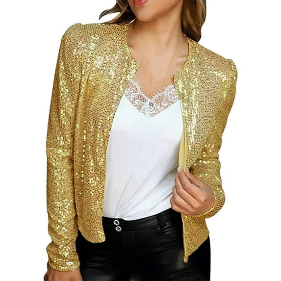 Color Block Sequin Short Jacket With Standing Collar For Women Casual Versatile Fashion Top