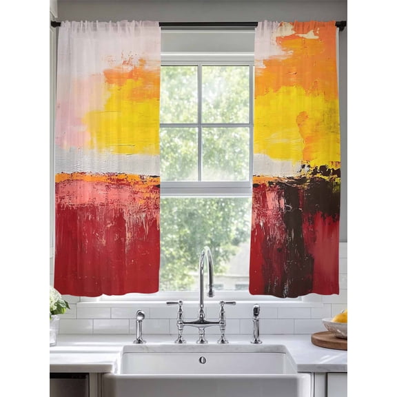 Color Block Sheer Curtains 63 Inches Long 2 Panels Red Orange Light Filtering Semi Sheer Window Curtains Drapes for Bedroom Living Room 52"x63"