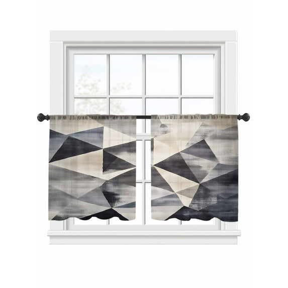 Color Block Sheer Curtains for Living Room Bedroom, Light-filtering Sheer Curtain, Modernism Black Beige Geometric LigRod Pocket Voile Window Treatment Drapes, 52’’Wx54’’L, 2 Panels Set