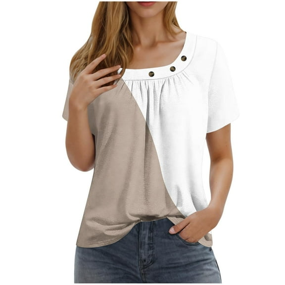 Color Block Shirts For Women,Plus Size Tops For Women,Color-Blocking Short Sleeved Pleated Button T-Shirt Top,Color Block Striped T Shirt Casual Basic Crew Neck Tee
