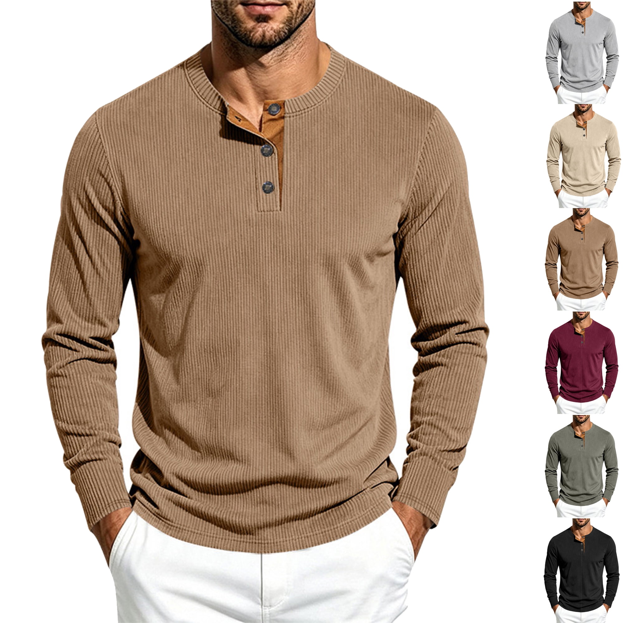 Spring Color Buttons For Crafts Color Block Shirts for Men Henley Ribbed Knit Long Sleeve Regular ...