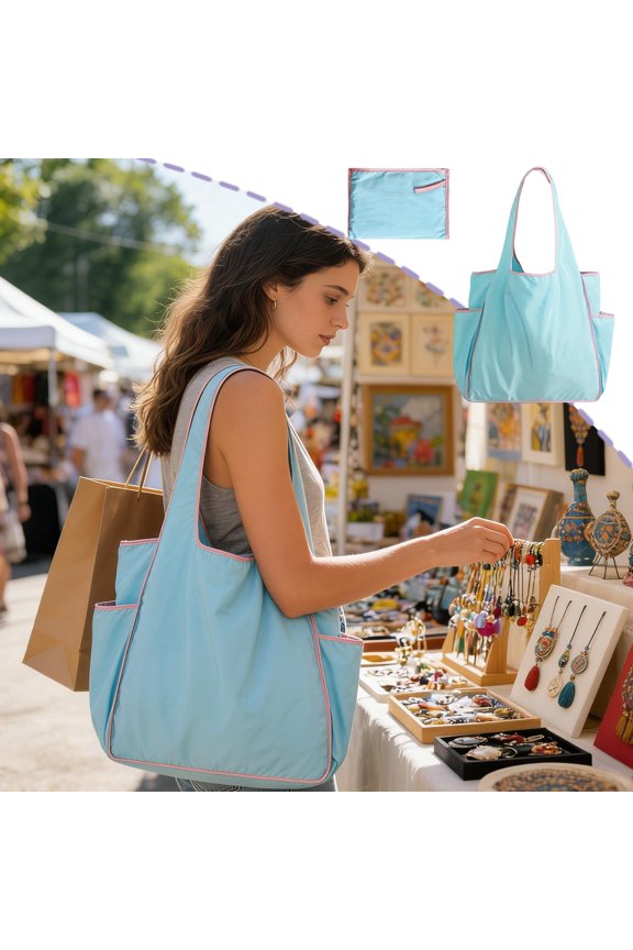 Color Block Shopping Bag, Large Capacity Color Blocked Waterproof Foldable Shopping Bag, Portable Cup Holder Shoulder Storage Bag, Reusable Tote for Travel Shopping Grocery and Daily