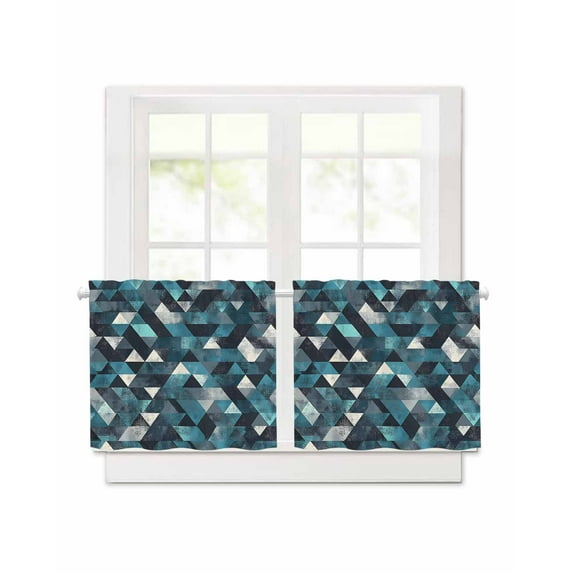 Color Block Short Blackout Curtains 45 Inch Long Blue White Check Abstract Texture Rod Pocket Kitchen Curtains, 2 Panels Thermal Insulated Room Darkening Drapes for Bedroom, 42"W x 45"L