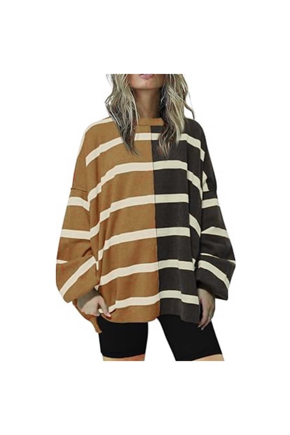 Color Block Striped Oversize Sweatshirts Womens Pullover Drop Shoulder Long Sleeve Tops Crew Neck Casual Sweaters (Small, Brown)