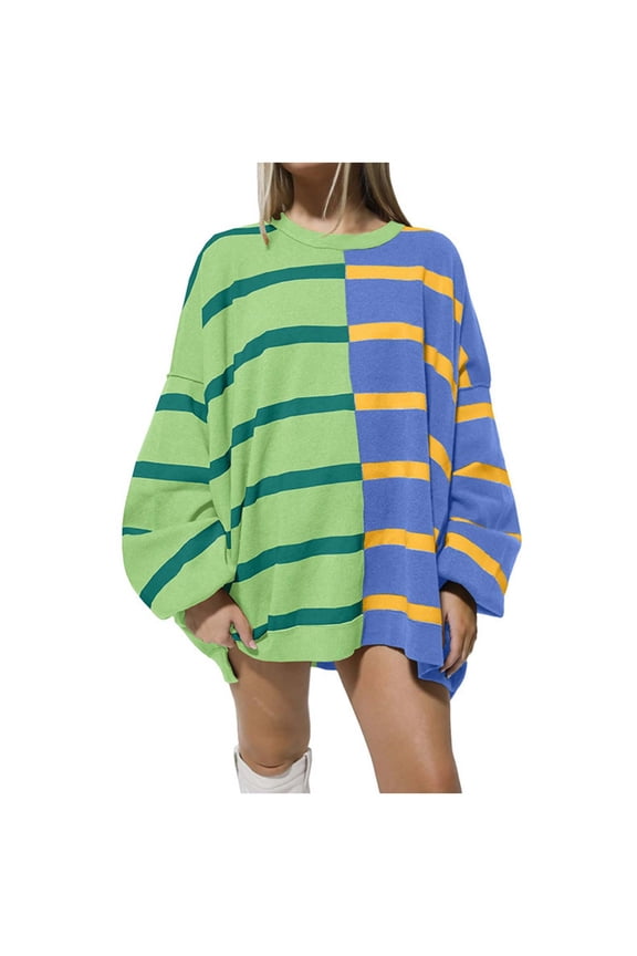 Color Block Striped Oversize Sweatshirts Womens Pullover Drop Shoulder Long Sleeve Tops Crew Neck Casual Sweaters (X-Large, Green)