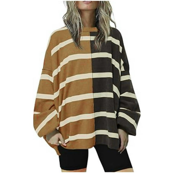 Color Block Striped Oversize Sweatshirts Womens Pullover Drop Shoulder Long Sleeve Tops Crew Neck Casual Sweaters (XX-Large, Brown)