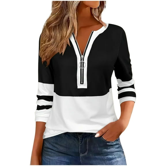 Color Block Striped T Shirts Women Long Sleeves 1/2 Zipper Crewneck Tees Blouse Tunic Top Short Sleeve Zipper Tops Casual Summer Loose Fit Blouses Trendy Tops for Women