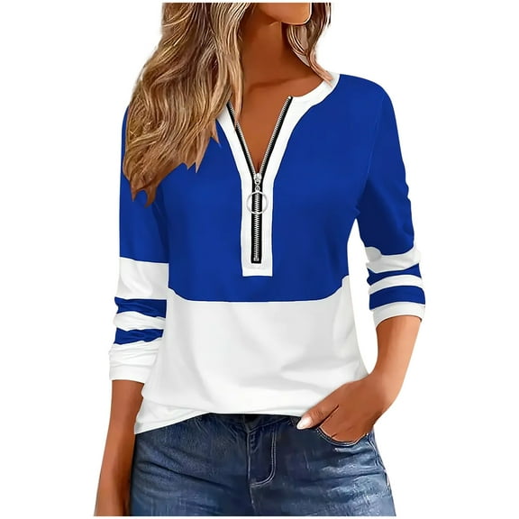 Color Block Striped T Shirts Women Long Sleeves 1/2 Zipper Crewneck Tees Blouse Tunic Top Short Sleeve Zipper Tops Casual Summer Loose Fit Blouses Trendy Tops for Women