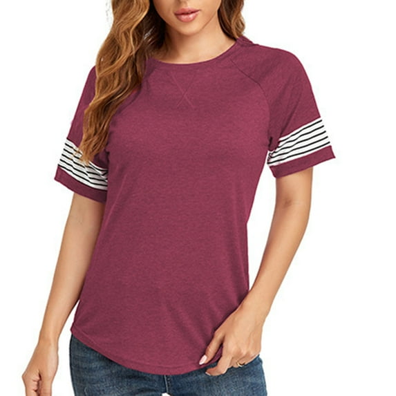 Color Block Summer Blouse Crewneck Short Sleeve Loose Casual Striped Pachwork Summer Top for Women Wine Red XL