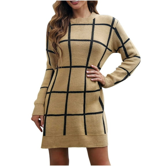 Color Block Sweater Dresses for Women Winter Fashion Long Sleeve Dress Casual Round Neck Knit Sweater Dress