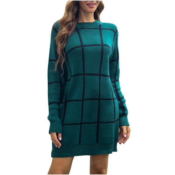 Color Block Sweater Dresses for Women Winter Fashion Long Sleeve Dress Casual Round Neck Knit Sweater Dress