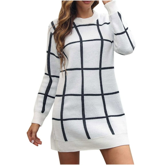 Color Block Sweater Dresses for Women Winter Fashion Long Sleeve Dress Casual Round Neck Knit Sweater Dress