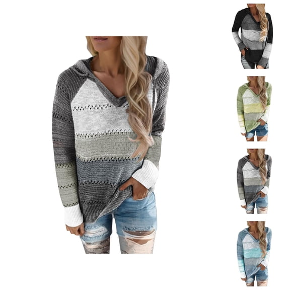 Color Block Sweater Hoodies for Women 2025 Long Sleeve V-Neck Knitted Sweater Hoodie Hooded Sweatshirt Women Pullover