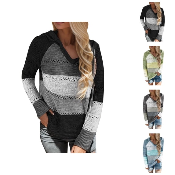 Color Block Sweater Hoodies for Women 2025 Long Sleeve V-Neck Knitted Sweater Hoodie Hooded Sweatshirt Women Pullover