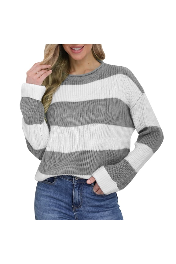 Color Block Sweater, Women's Fashionable Color-Blocked Striped Long-Sleeve Round-Neck Pullover Knitted Sweater Top, Womens Casual Sweaters