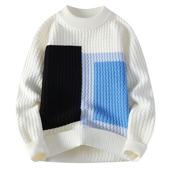 Color Block Sweater for Men Thick Warm Loose Fit Pullover Sweatshirts Handsome Crew Neck Long Sleeve Graphic Tops (4XL, White)