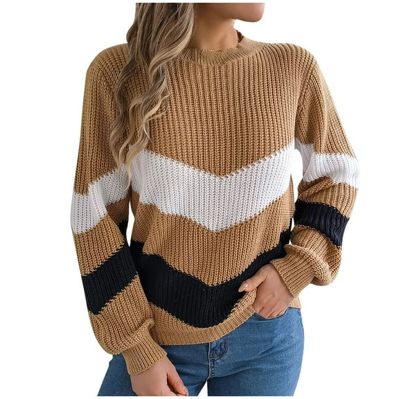 Color Block Sweater for Women Crewneck Long Sleeve Chunky Knit Pullover Khaki L