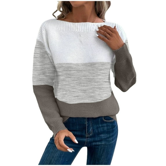 Color Block Sweater for Women Fall Crewneck Long sleeve Knit Pullover Sweater Tops Dark Gray 3XL